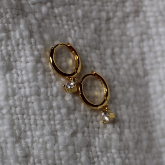 Sterling Silver Gold Hoops with Single Simulated Diamond Charm - Picture 3 of 6